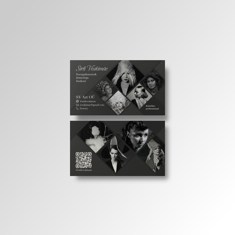 Double-sided business card design for professional hair and makeup artist Sirli Veskimäe, featuring a dark geometric layout with black-and-white editorial portraits.